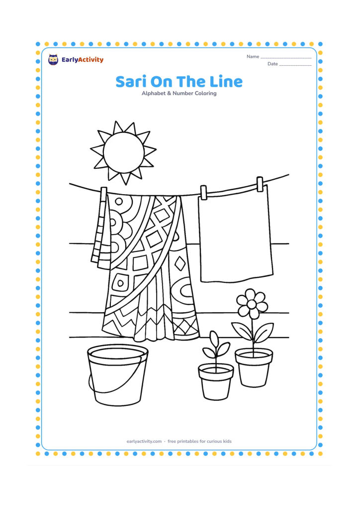 Colouring page: A patterned sari hangs from a clothesline in a sunny courtyard beside a second cloth, a bucket and two potted plants. Use broad repeating geometric shapes on the sari without any…