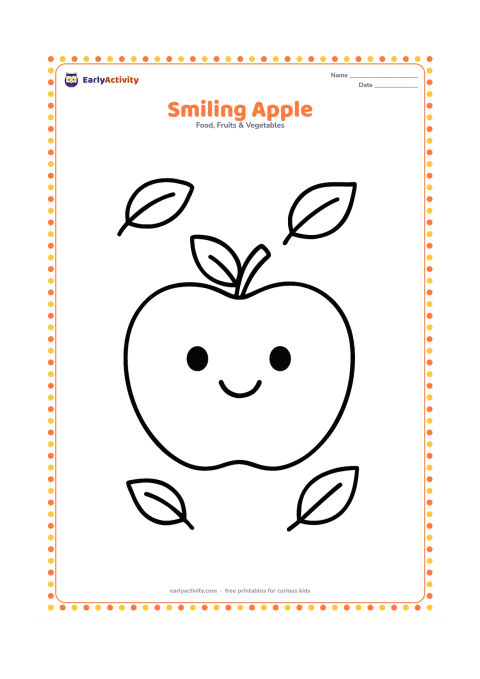 Colouring page: A large apple with one leaf and a simple friendly face made only from eyes and a smile, centered on the page with a few large floating leaves around it.