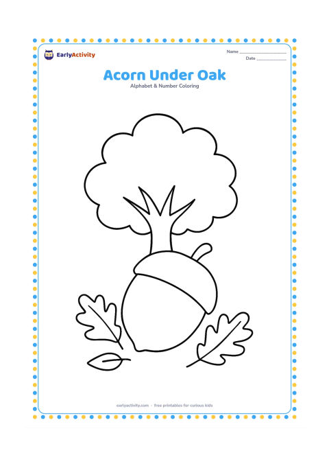 Colouring page: Draw one oversized acorn resting beneath a small oak tree with a rounded leafy crown. Add two fallen leaves on the ground.