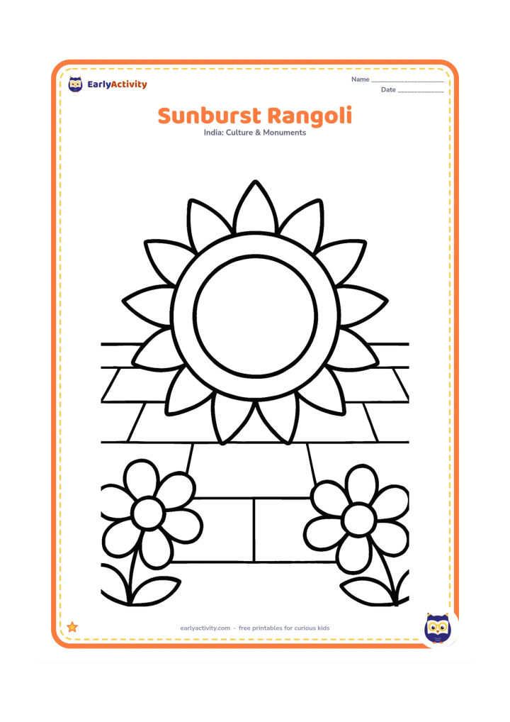 Colouring page: Draw a cheerful round rangoli with large alternating sun-ray shapes around a central circle, placed in a courtyard. Include two large flower shapes at the bottom corners.