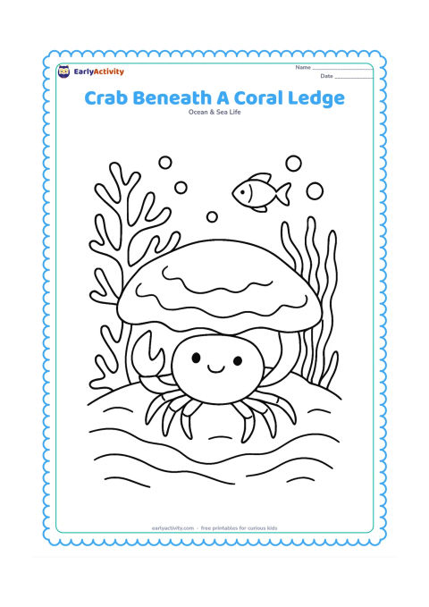 Colouring page: Draw a crab sheltering beneath a rounded coral ledge on the seabed, with branching coral, seaweed, bubbles, a small fish and layered sand ripples. Keep the shelter welcoming and…