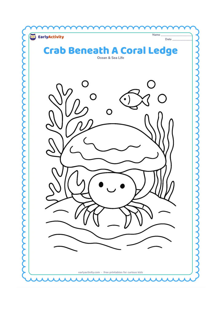 Colouring page: Draw a crab sheltering beneath a rounded coral ledge on the seabed, with branching coral, seaweed, bubbles, a small fish and layered sand ripples. Keep the shelter welcoming and…