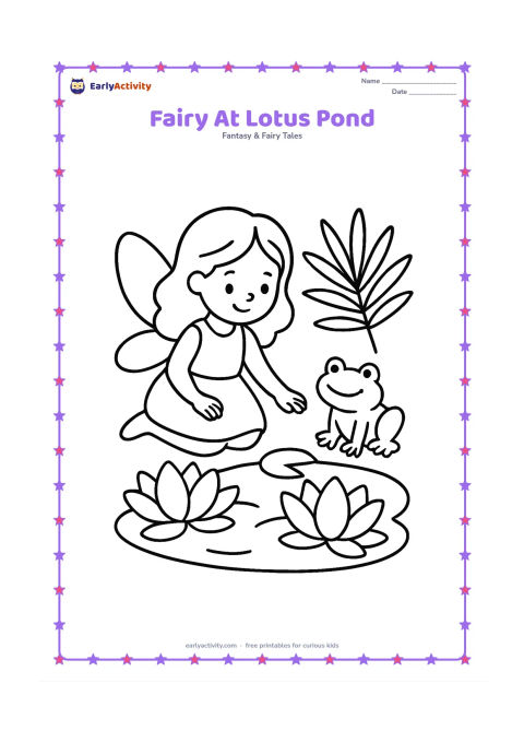 Colouring page: A winged fairy kneels beside a small pond with two large lotus flowers and round lily pads. Include one simple palm leaf and a smiling frog near the water.