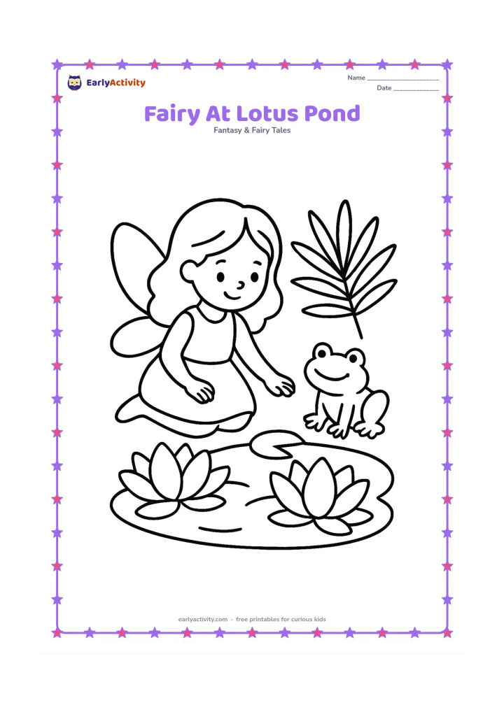 Colouring page: A winged fairy kneels beside a small pond with two large lotus flowers and round lily pads. Include one simple palm leaf and a smiling frog near the water.