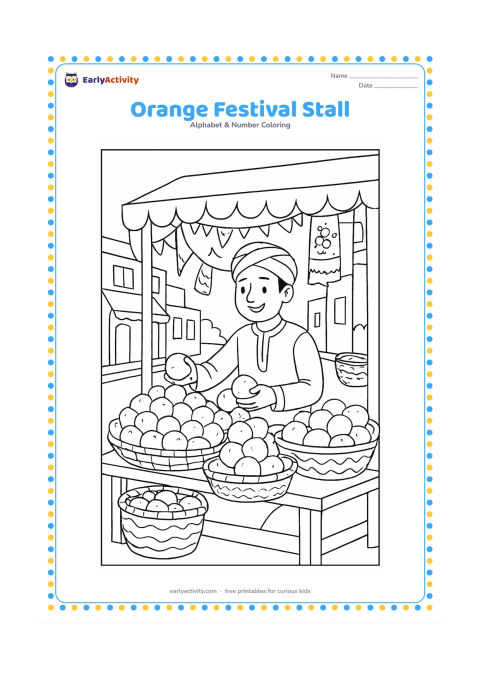 Colouring page: Draw a cheerful Indian market stall piled with oranges, with a vendor arranging fruit, hanging cloth decorations, baskets and a busy but uncluttered street background. Leave every stall…