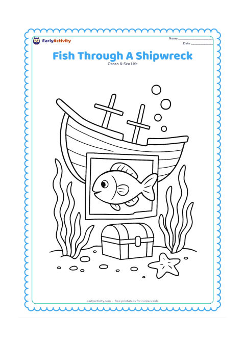 Colouring page: Draw a fish swimming through the open side of a small wooden shipwreck, with seaweed growing around it, a treasure chest shape without markings, bubbles and a starfish on the sand. Keep…