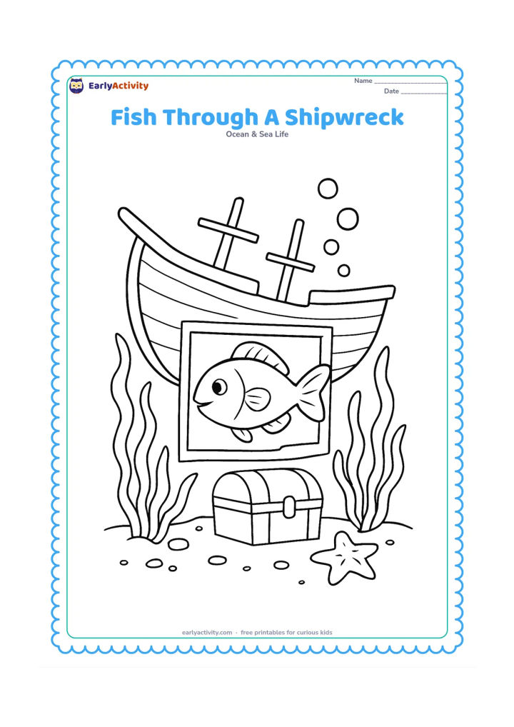 Colouring page: Draw a fish swimming through the open side of a small wooden shipwreck, with seaweed growing around it, a treasure chest shape without markings, bubbles and a starfish on the sand. Keep…