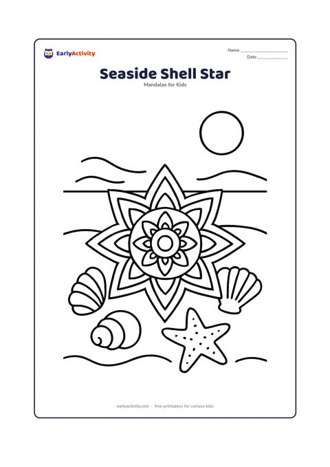Colouring page: Place a large star mandala on a sandy beach, surrounded by three oversized shells, a simple starfish and two curved wave lines. Add a low horizon with a round sun.
