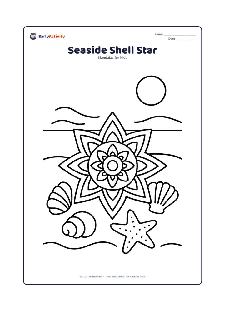 Colouring page: Place a large star mandala on a sandy beach, surrounded by three oversized shells, a simple starfish and two curved wave lines. Add a low horizon with a round sun.