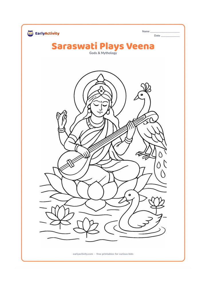 Colouring page: Saraswati sits on a lotus platform and plays her veena, with a swan resting nearby and a peacock standing behind her. Frame the scene with several lotus blossoms and curved water lines.