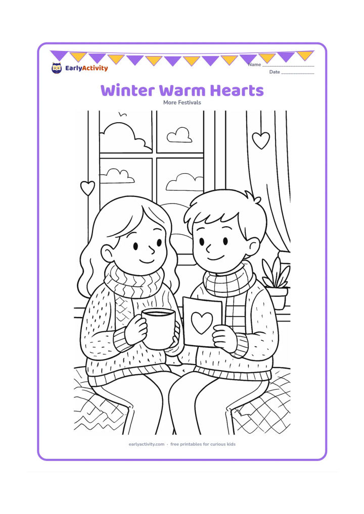 Colouring page: Two children in scarves share a warm drink and a blank heart card on a window seat, with knitted patterns, potted plants, snow-free cool-weather scenery outside, and heart decorations…