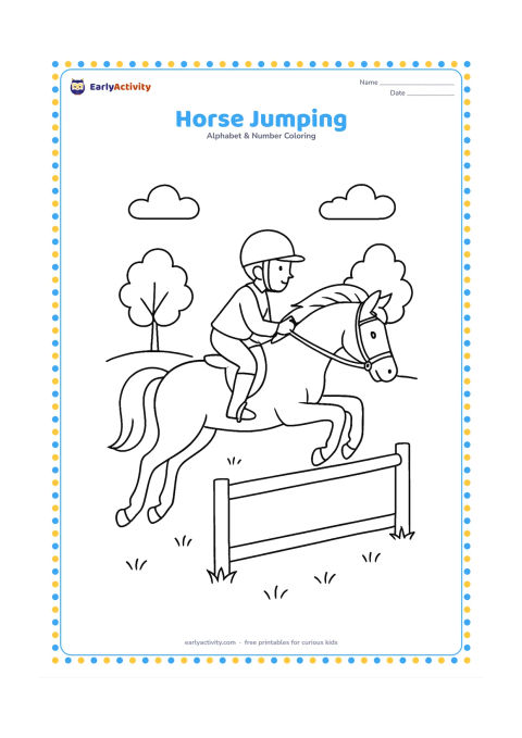Colouring page: A horse jumps over a low rail in a grassy riding field, with a rider wearing a simple helmet and two trees in the distance. Keep the rail plain and leave the rider's clothing unmarked.