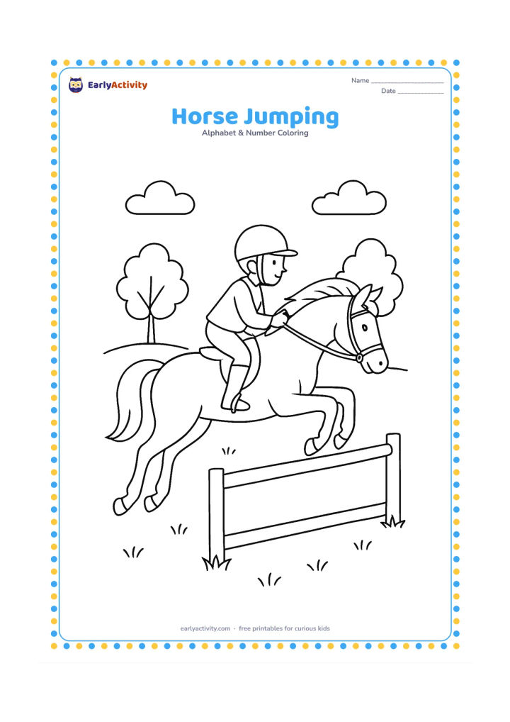 Colouring page: A horse jumps over a low rail in a grassy riding field, with a rider wearing a simple helmet and two trees in the distance. Keep the rail plain and leave the rider's clothing unmarked.