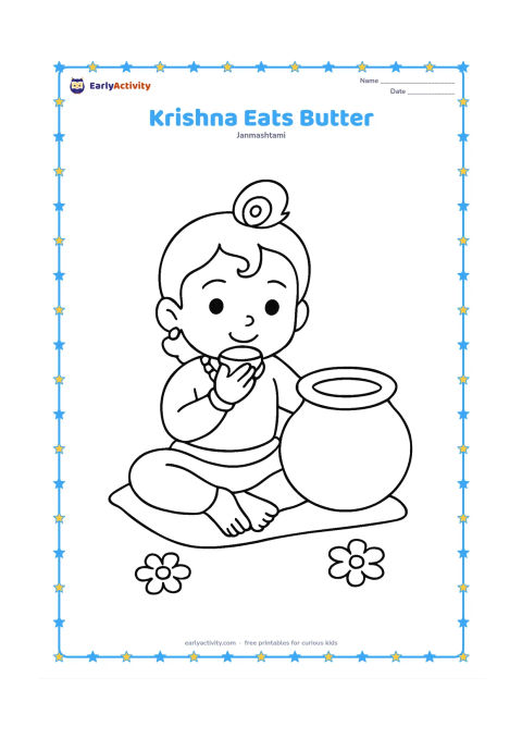 Colouring page: Draw a seated child Krishna holding a small bowl of butter near his mouth, with a large open matki beside him. Add a plain cushion and two floor flowers.