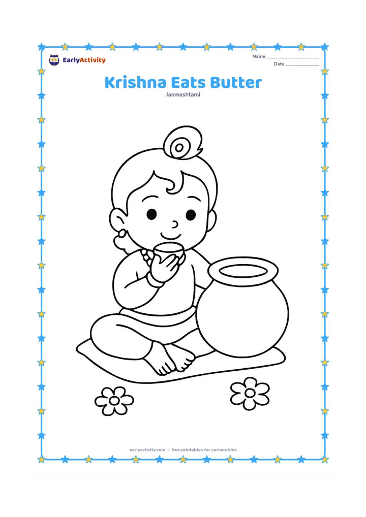 Colouring page: Draw a seated child Krishna holding a small bowl of butter near his mouth, with a large open matki beside him. Add a plain cushion and two floor flowers.