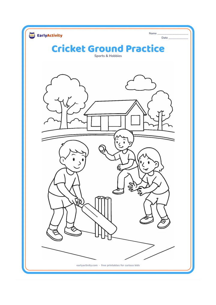 Colouring page: Three children practise separately on a cricket ground: one bats, one bowls and one catches a ball. Add a pitch, boundary rope, stumps, trees and a small pavilion with completely blank…