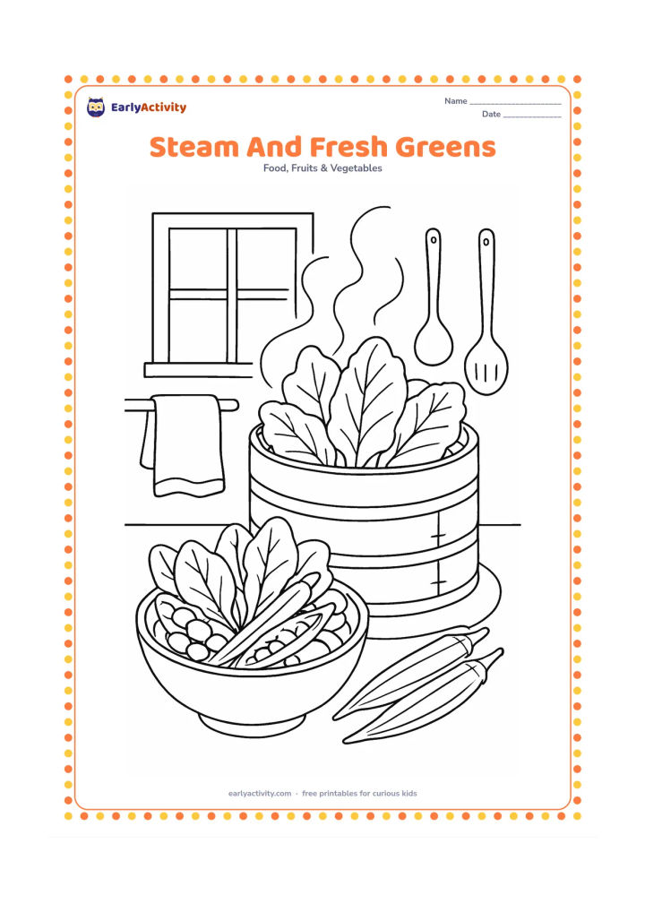 Colouring page: Draw leafy greens being steamed in a traditional kitchen steamer beside a bowl of fresh spinach, peas, and okra. Include rising steam, a window, a cloth, and a few simple kitchen utensils.