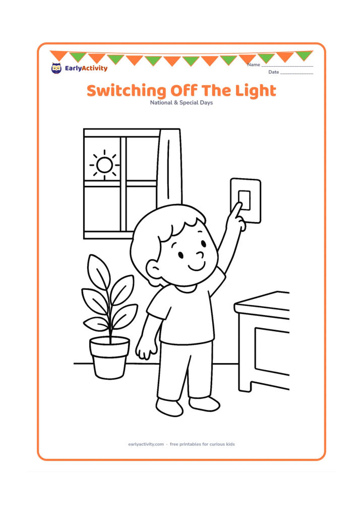Colouring page: Draw a child reaching up to switch off a plain wall light in a tidy room, with sunlight entering through a window and a leafy houseplant below it. Show the child smiling after saving energy.