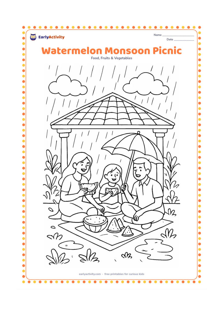 Colouring page: Draw a family picnic beneath a shelter during light monsoon rain, with watermelon slices on a mat, an umbrella, puddles, leafy plants and cloudy sky. Include an Indian-style veranda in…