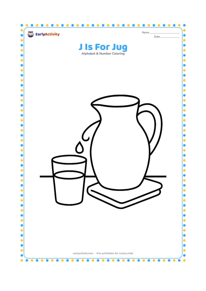 Colouring page: Draw a large water jug beside a drinking glass on a kitchen table, with one folded cloth behind them. Show a few large water drops pouring into the glass.