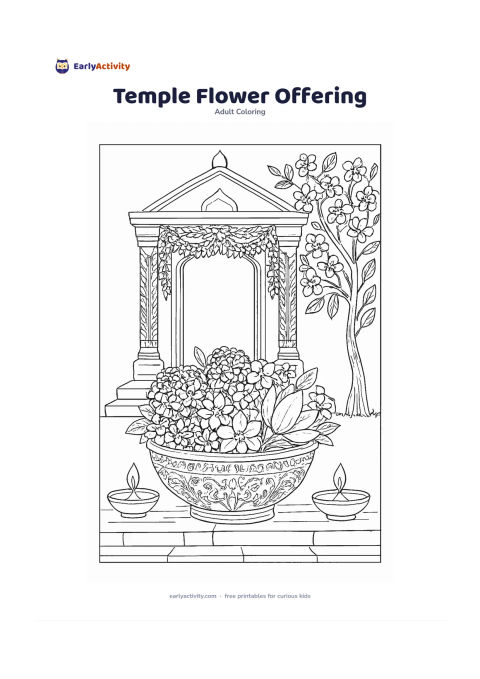 Colouring page: Draw a bowl of marigolds, jasmine and lotus petals arranged before a simple Indian temple doorway, with leafy garlands and stone steps. Include two small oil lamps with plain, unmarked…