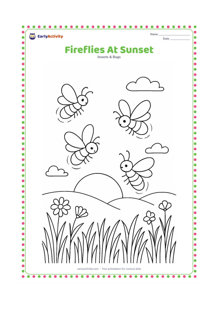 Colouring page: Draw four fireflies beginning to glow above a meadow at sunset, with a low sun, rounded hills, wildflowers, and tall grasses. Vary the insects' flying directions.