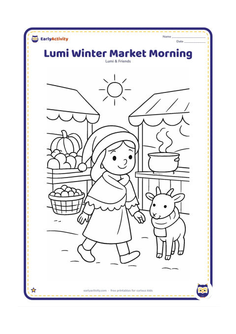 Colouring page: Lumi walks through a friendly outdoor winter market wearing a shawl, passing baskets of vegetables, a steaming food pot and a bundled-up goat. Show simple stalls, a cool morning sun and…