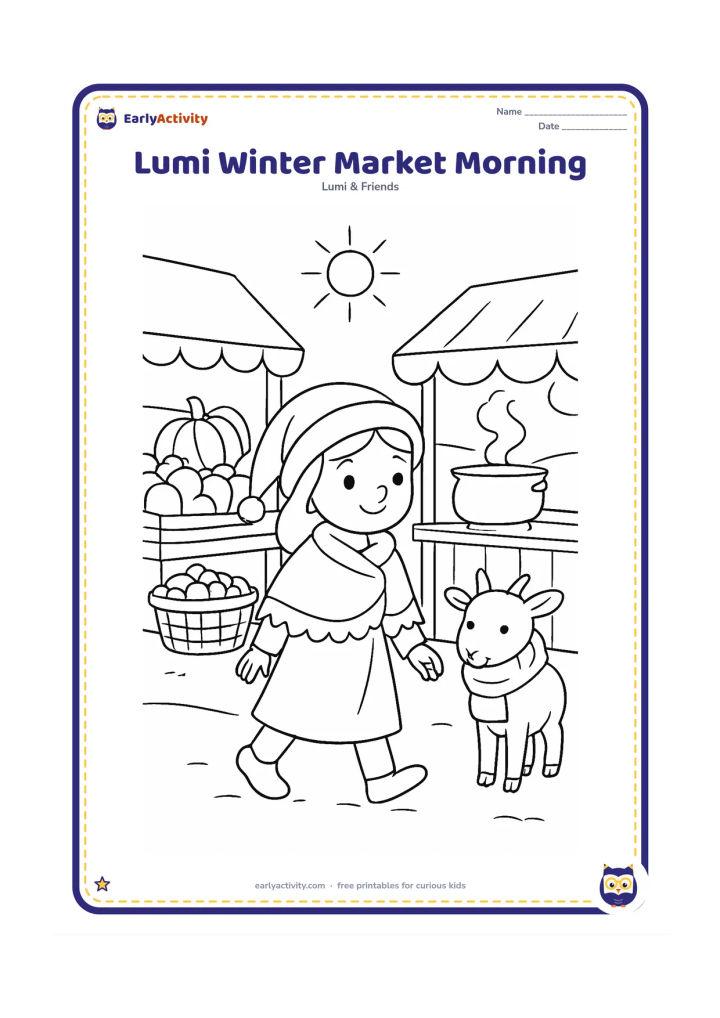 Colouring page: Lumi walks through a friendly outdoor winter market wearing a shawl, passing baskets of vegetables, a steaming food pot and a bundled-up goat. Show simple stalls, a cool morning sun and…