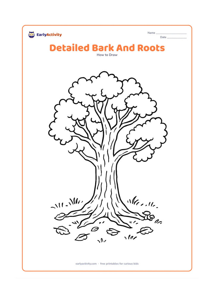 Worksheet: Show a mature tree from close range with a flared trunk, visible roots, irregular bark lines, twisting branches and separate uneven leaf clusters. Add grass, fallen leaves and small…