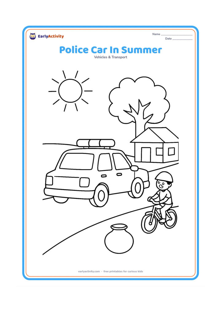 Colouring page: Draw a police car driving along a quiet Indian neighbourhood road on a bright summer day, with a child riding a bicycle safely at the side, a small home, a water pot and a leafy shade…