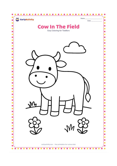 Colouring page: A friendly cow stands in a simple grassy field, shown from the side with four clear legs, a tail and a rounded body. Add one small cloud and two flowers in the distance.
