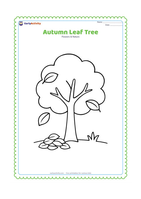 Colouring page: Draw one rounded tree with a few large falling leaves, a simple grassy ground, and a small pile of leaves beneath it. Use broad branches that are easy to follow.