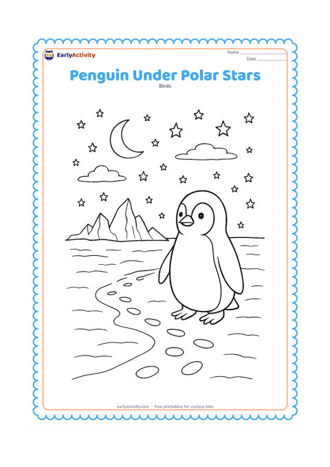Colouring page: Draw a penguin standing on a textured ice plain beneath a night sky filled with stars, a crescent moon, wispy clouds, and distant jagged icebergs. Add a winding trail of footprints…