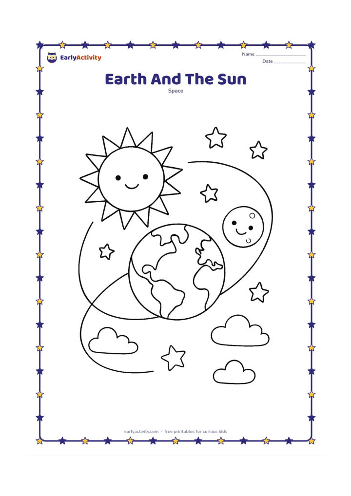 Colouring page: Place Earth between a large Sun at one side and a smaller Moon at the other, connected only by clear spacing. Add simple orbit curves, clouds and several stars without arrows or labels.