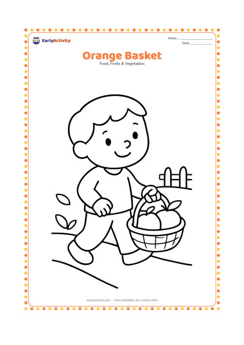 Colouring page: Draw a child carrying a basket filled with three large oranges, walking along a simple garden path. Add two leaves and a small fence in the distance.