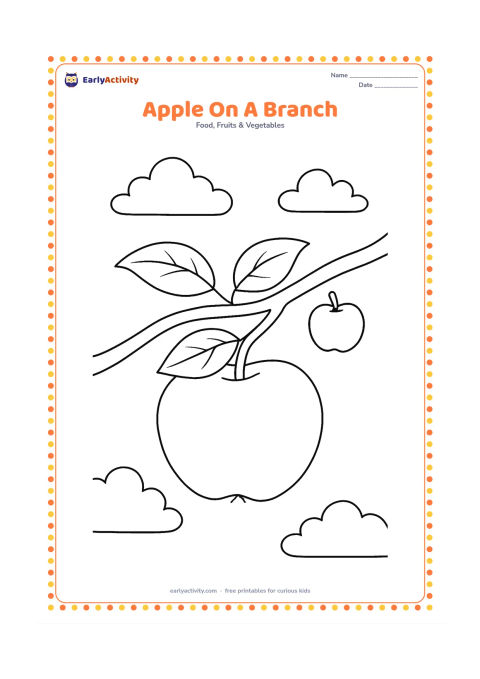 Colouring page: Draw a whole apple hanging from a gently curving branch with two leaves. Add a second small apple in the distance and a few soft cloud outlines.