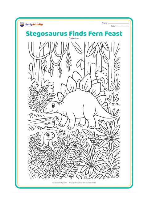 Colouring page: Draw a stegosaurus discovering a rich patch of ferns and low-growing plants in a prehistoric forest. Include layered fronds, cycads, tree trunks, hanging vines, a fallen log, and a small…