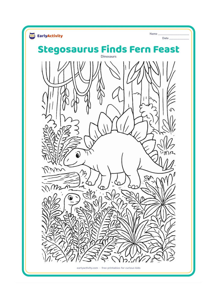Colouring page: Draw a stegosaurus discovering a rich patch of ferns and low-growing plants in a prehistoric forest. Include layered fronds, cycads, tree trunks, hanging vines, a fallen log, and a small…