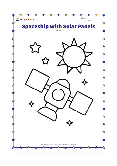Colouring page: Draw a simple spacecraft with two wide rectangular solar panels, a central rounded cabin and one large window, floating beside a large sun. Add a few big rays and stars.