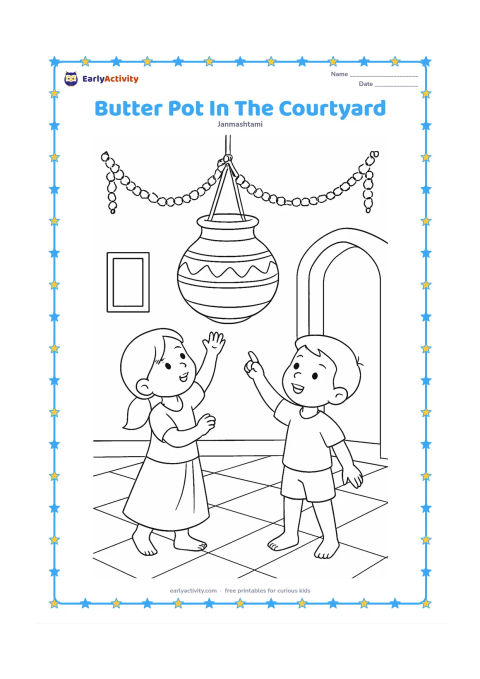 Colouring page: Draw a large hanging matki in an Indian courtyard, with a child reaching up toward it and another child pointing from below. Add a doorway, tiled floor, and a few garlands.