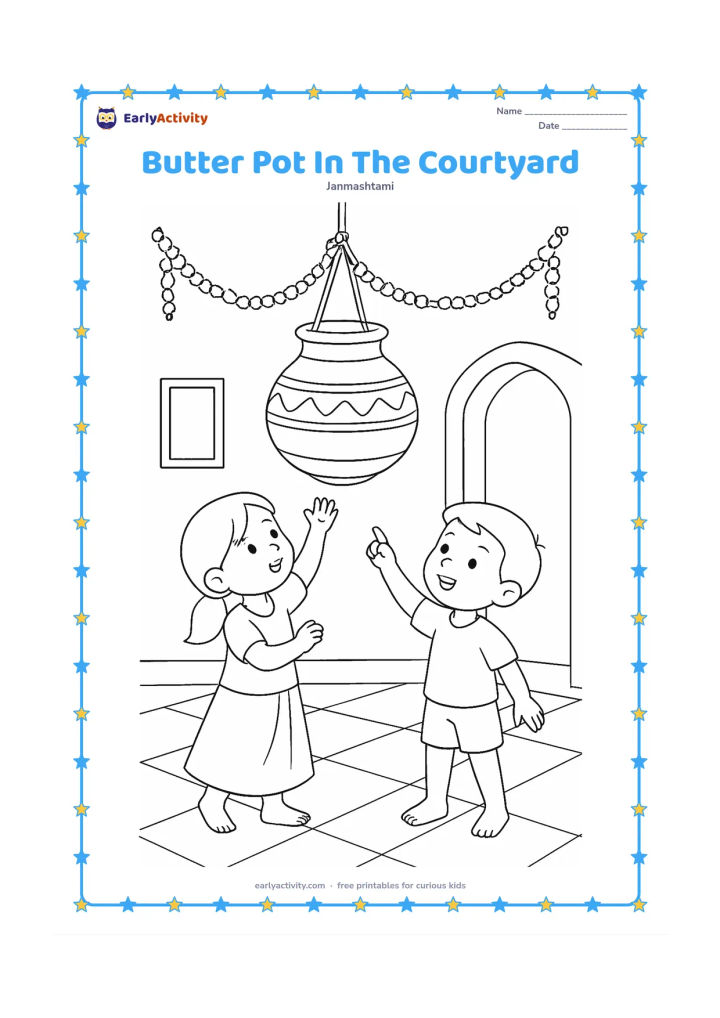 Colouring page: Draw a large hanging matki in an Indian courtyard, with a child reaching up toward it and another child pointing from below. Add a doorway, tiled floor, and a few garlands.