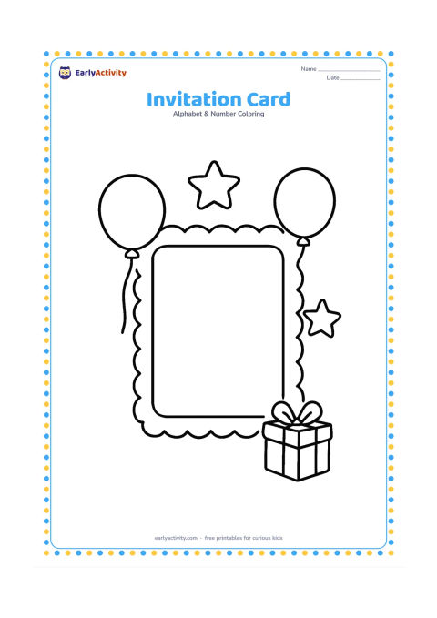 Colouring page: Draw one large blank invitation card with a scalloped border, balloons, stars, and a small gift beside it. Leave the centre of the card empty.
