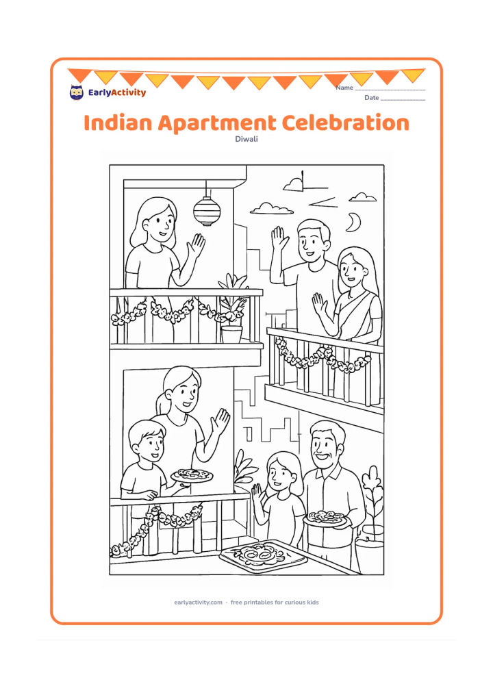 Colouring page: Families on neighbouring apartment balconies exchange friendly waves while decorating with lanterns, flower garlands, diyas, and rangoli trays. Show railings, laundry-free balconies,…