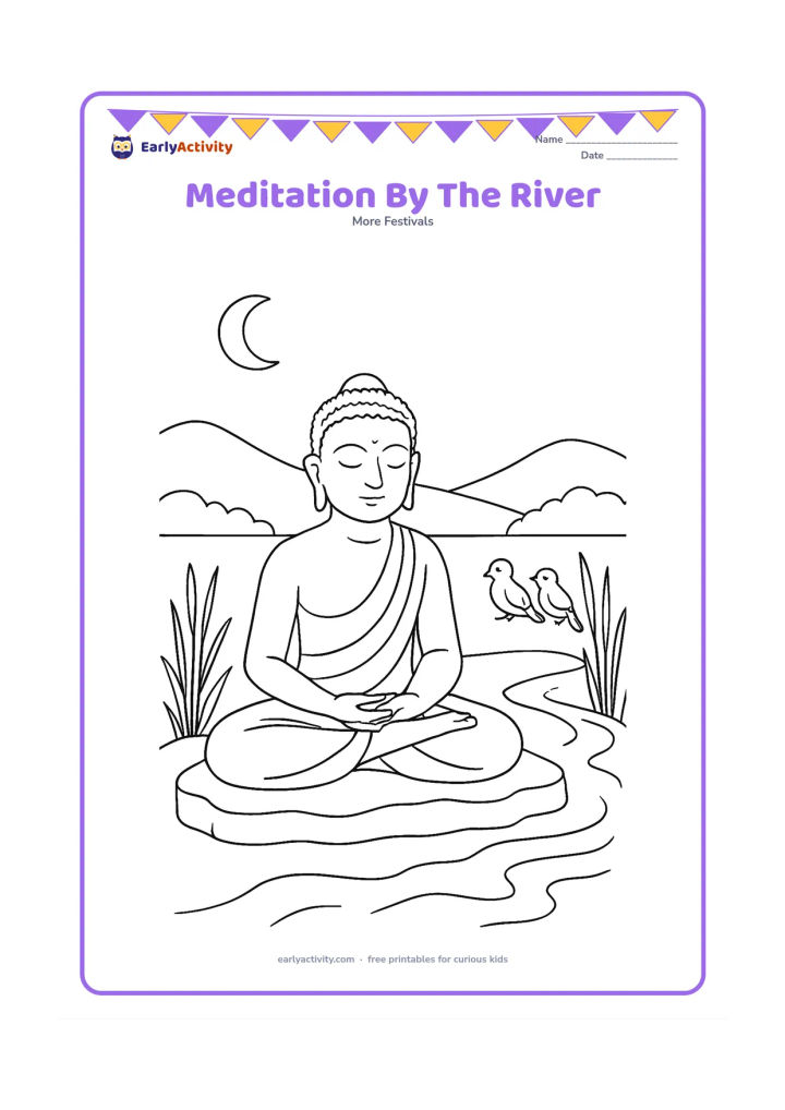 Colouring page: Draw Lord Mahavira meditating on a flat rock beside a gently flowing river at dusk, with reeds, distant hills, a crescent moon and two resting birds.