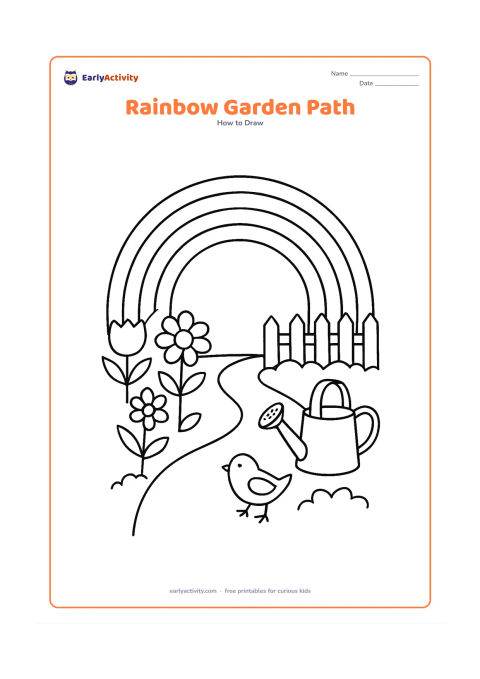 Worksheet: A rainbow arches over a garden path leading between flower beds, with a watering can, three varied flowers, a low fence and a small bird. Keep the path and rainbow bands broad enough for…
