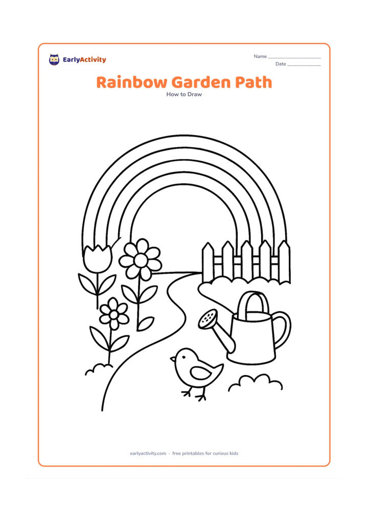Worksheet: A rainbow arches over a garden path leading between flower beds, with a watering can, three varied flowers, a low fence and a small bird. Keep the path and rainbow bands broad enough for…