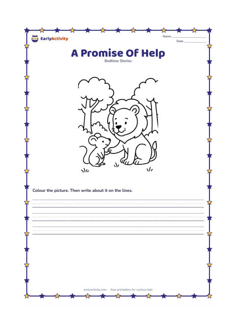 Printable: The lion gently lowers his paw and listens as the little mouse raises one paw as if making a promise. They face each other in a peaceful forest clearing.