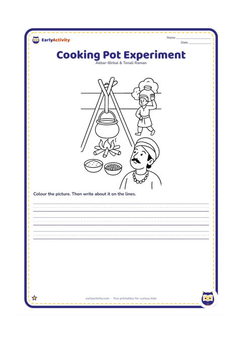 Printable: Show a detailed view of Birbal's tall wooden cooking frame, suspended pot, small fire, bowls of rice and lentils, and a courtyard helper carrying water. Akbar looks upward from below.