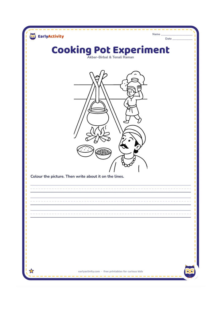 Printable: Show a detailed view of Birbal's tall wooden cooking frame, suspended pot, small fire, bowls of rice and lentils, and a courtyard helper carrying water. Akbar looks upward from below.