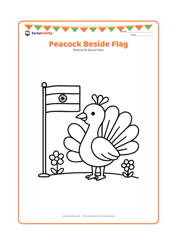 Colouring page: Draw a friendly peacock standing beside an Indian flag on a short pole, with its tail opened into large simple feather shapes. Place both on a garden ground line with two flowers.